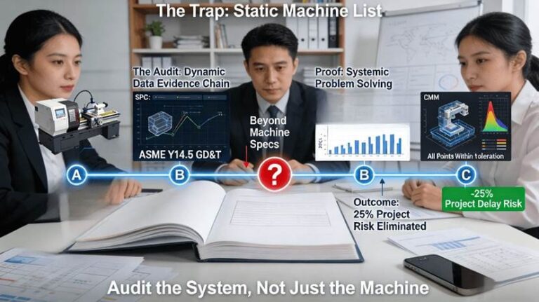 A war room table: a simple machine list is overshadowed by an open “Data Evidence Chain Audit Dossier” that visualizes a continuous digital thread from CAD design, through live SPC charts and 8D reports, to final CMM verification, illustrating a shift from static specs to dynamic system auditing for true precision