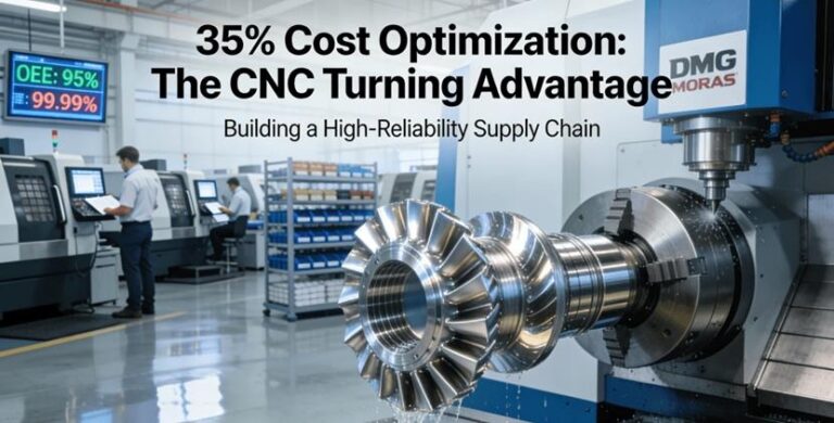 A quality engineer performs a CMM inspection on a CNC turned part while collaborating remotely on data analysis, illustrating key technical metrics for supplier selection.
